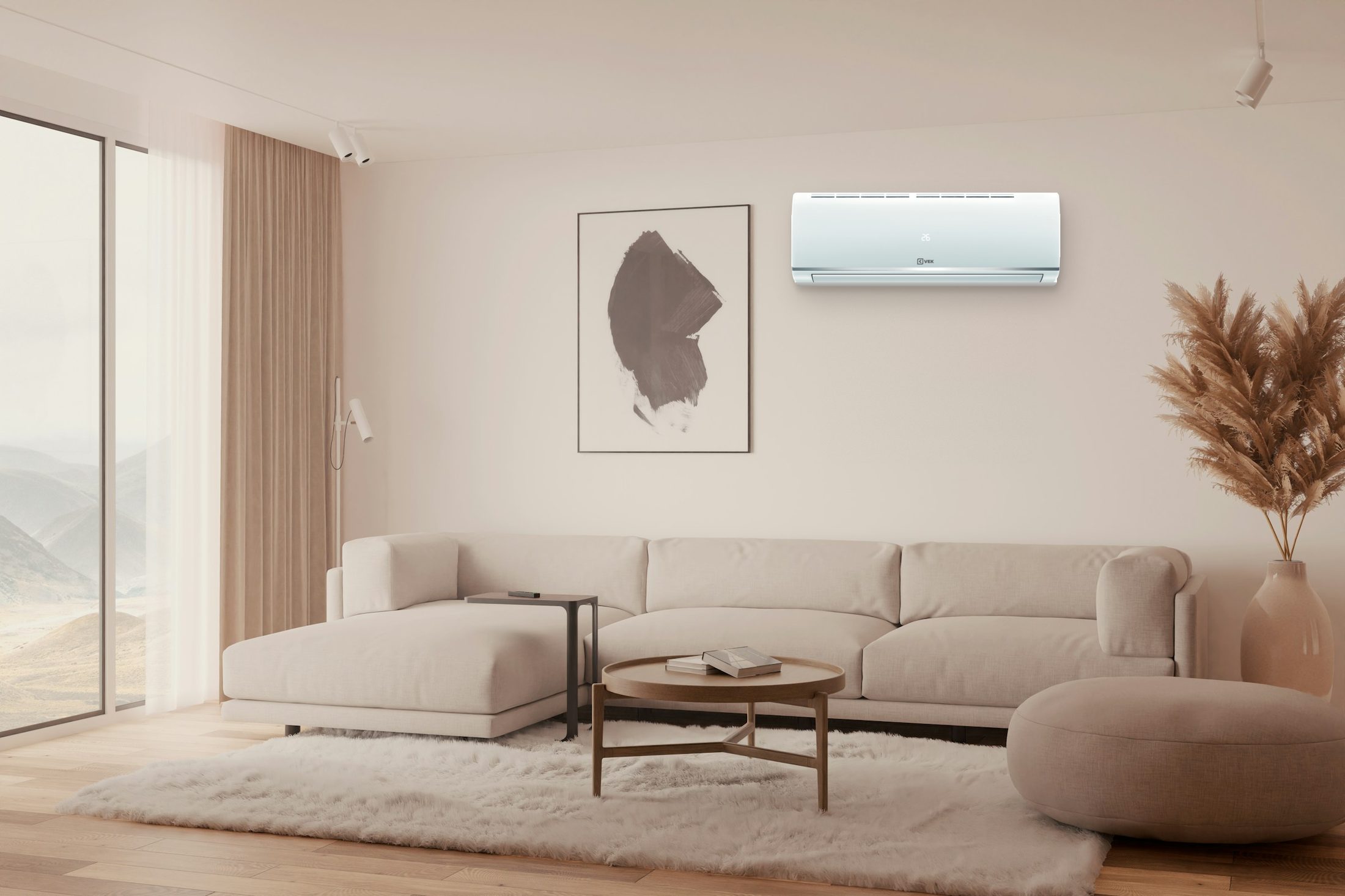 Climatiseur split VEK fixé de face au mur d'un salon beige lumineux