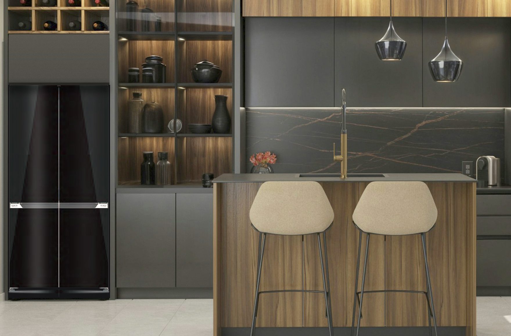 Réfrigérateur cross door VEK-FF4-650-1 encastré dans une cuisine moderne en noyer et anthracite